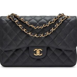 Chanel Jumbo Dark Brown Caviar Leather Shoulder Bag with Gold Chain- Authentic